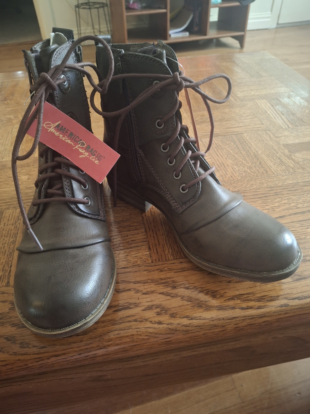 American Rag NWT Dark Brown Lace-Up Side Zip Boot with Camo Lining - Picture 6 of 8